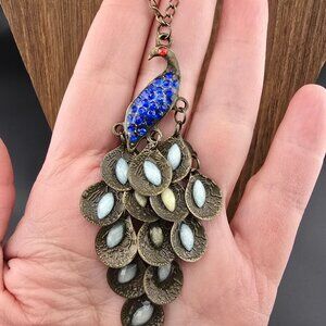 Peacock Pendant Necklace With Bronze Chain & Blue Rhinestones 24"